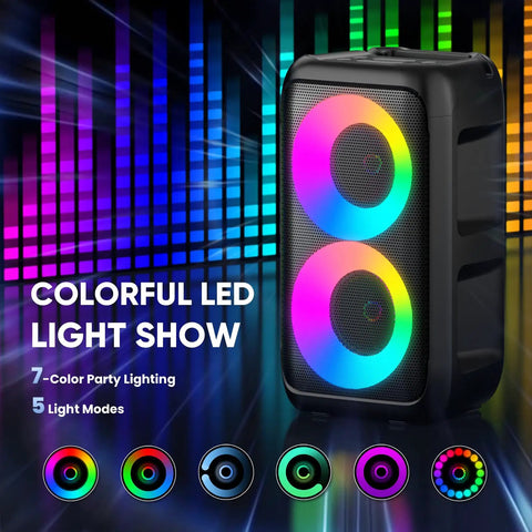 Karaoke Machine For Adults And Kids Portable Bluetooth Speaker with LED Light Show, highlighting 7-color lighting modes.