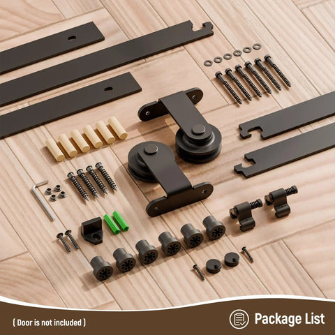 Five Foot Sliding Barn Door Hardware Kit Heavy Duty With Quiet Smooth Operation And Easy Install Fits Thirty Inch Wide Single Door Panel T Shaped Black Includes Solid Steel Roller Hanger And High Strength Flat Tracks Supports Up To 330 Lb 150 Kg components