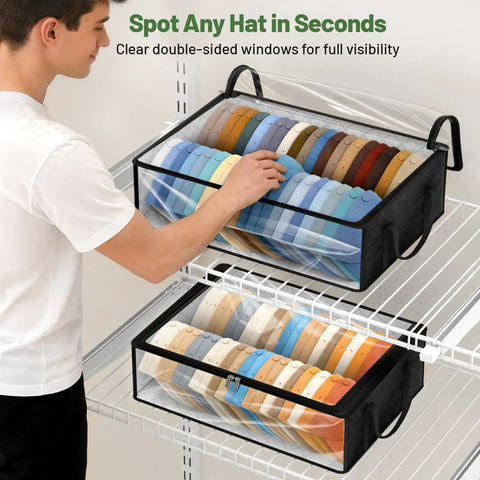 Thick Double Wide Hat Storage Boxes For Baseball Caps holds up to eighty snapbacks with zippered dust covers visible on closet shelf.