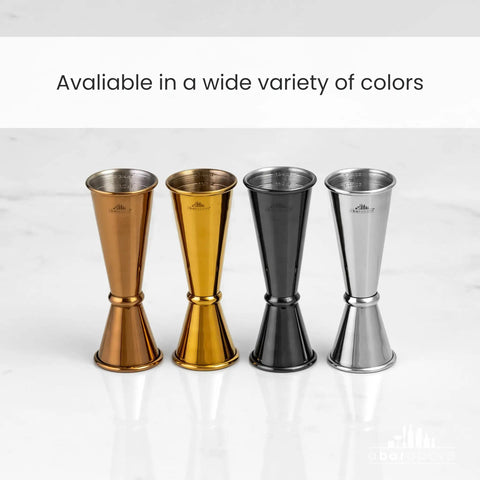 Japanese Style Jigger With Ten Measurement Markings Stainless Steel Bar Tool For Precise Mess Free Pours Sleek Modern Design For Home Mixology And Pro Level Bartending, shown in gold, black, silver, and copper