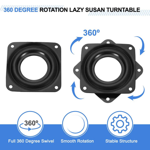 Set Of 4 Bar Stool Swivel Replacement Plates For 360 Degree Spin, Square Ball Bearing Seat Swivel Base Mount Plate, Black, 72 X 72 Mm, 8 mm Height, Fits Recliner Chairs Or Tables shown with 360-degree rotation capability illustration.