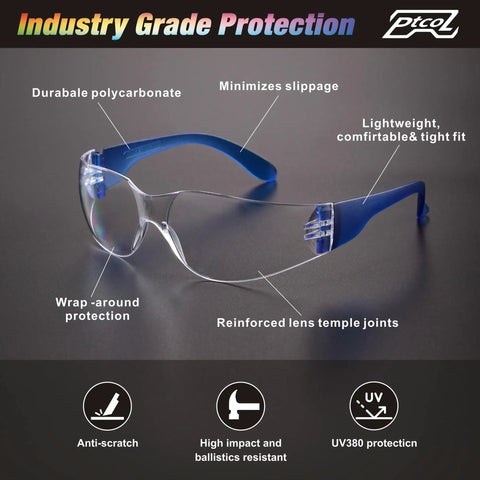 Close-up of anti scratch goggles from 28 Pack Safety Glasses Bulk Set With 7 Color Frames featuring impact resistant polycarbonate lenses.