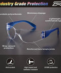 Close-up of Crazy Good 168 Pack Safety Glasses Set with Seven Frame Colors, featuring anti-scratch polycarbonate lenses, blue frame.