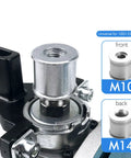 Extra Tough Belt Sander Adapter For Angle Grinder Blasts Through Models 100 And 125 showing M10 and M14 fittings for conversion.