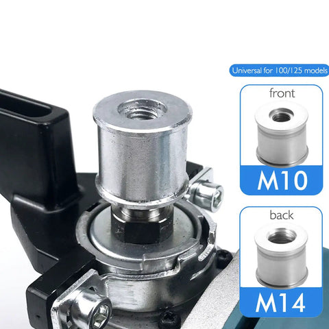 Extra Tough Belt Sander Adapter For Angle Grinder Blasts Through Models 100 And 125 showing M10 and M14 fittings for conversion.