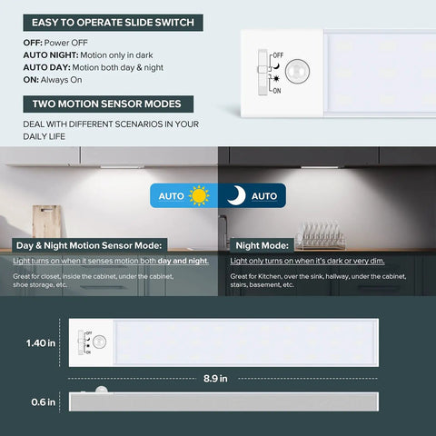 3 Pack Wireless LED Closet Lights With Motion Sensor operation modes and dimensions
