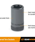 Half Inch Drive External Torx Socket E18 80669D Heat Treated Durable Black Oxide Finish Corrosion Resistant Automotive Mechanic Tool For Tough Bolts Fasteners shown with heat-treated black oxide finish and size markings.