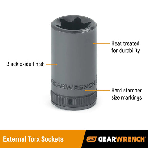 Half Inch Drive External Torx Socket E18 80669D Heat Treated Durable Black Oxide Finish Corrosion Resistant Automotive Mechanic Tool For Tough Bolts Fasteners shown with heat-treated black oxide finish and size markings.
