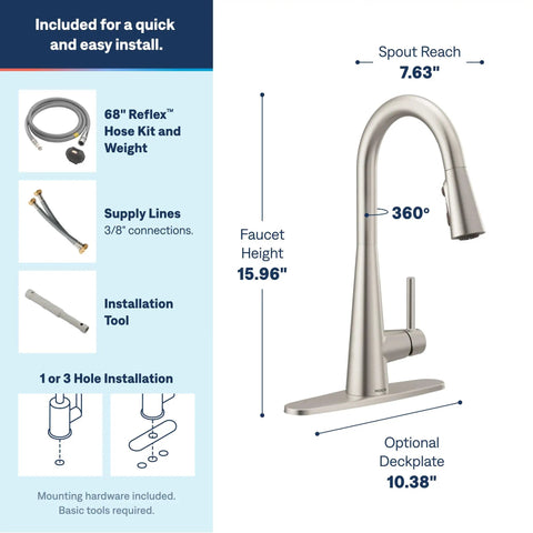 Slick Spot Resist Stainless One Handle Single Hole Pull Down Kitchen Faucet Featuring Power Boost Technology with specifications.