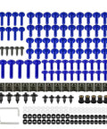 195 Piece Motorcycle Fairing Bolt Kit With Panel Nuts Blue Stainless Steel Slick All In One Screw Set For Z750 Z1000 ZZR600 Body Panels Washers Nuts And Mounting Screws Heavy Duty Replacement Kit, blue bolts and fasteners laid out