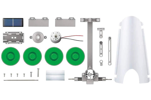 Green Solar Rover Kit For Kids DIY STEAM Science Project To Build Your Own Solar Powered Rover From A Recycled Can Ages Five And Up Hands On Learning Toy For Boys And Girls, parts laid out