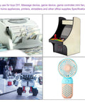 Collage showing a money counting machine, retro arcade game console, robotic toy, and portable handheld fan, each in separate frames.