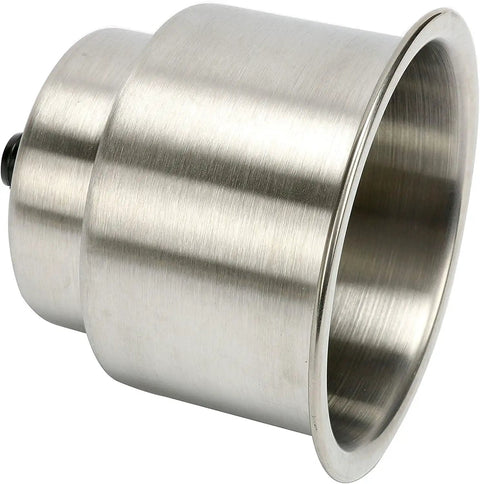 Side view of Two Pack Boat Cup Holder Inserts built from marine grade stainless steel with drain, fits standard 3-5/8 inch hole saw.