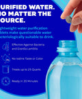 Emergency Water Purification Tablets With PA Plus Two 50 Count Bottles For Quick Safe Drinking Water In Any Situation Makes Questionable Water Drinkable Leaves No Iodine Taste Great For Camping Hiking And Car Kits infographic with tablet being added to water bottle.