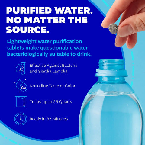 Emergency Water Purification Tablets With PA Plus Two 50 Count Bottles For Quick Safe Drinking Water In Any Situation Makes Questionable Water Drinkable Leaves No Iodine Taste Great For Camping Hiking And Car Kits infographic with tablet being added to water bottle.