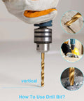 YXYL 19-Piece hex drill bit set in front view; gold twist bit in chuck with wood and metal drilling insets