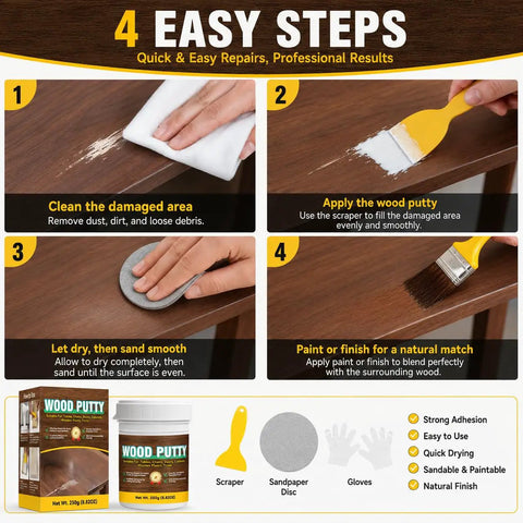 4 easy steps for using Super Tough White Wood Filler To Fill Cracks And Scratches Fast Easy Paintable Sandable Putty.