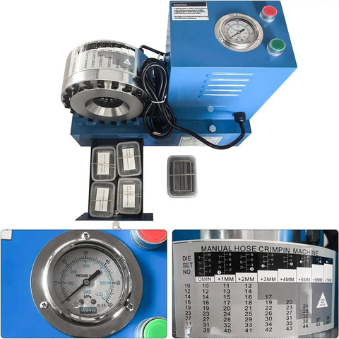 Heavy Duty Portable Electric Hose Crimping Machine With 8 Interchangeable Dies And Limit Switch For R1 R2 Hoses, features gauges and dies.