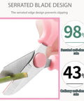 Close-up of pink handled Three Pack Garden Flower Scissors Stainless Steel Floral Shears cutting a stem, serrated edge visible.