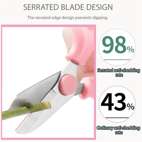 Close-up of pink handled Three Pack Garden Flower Scissors Stainless Steel Floral Shears cutting a stem, serrated edge visible.