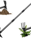All In One Garden Hoe And Cultivator Tool 2 In 1 Heavy Duty Dual Head With 45 Inch Adjustable Long Handle shown with soil and plants