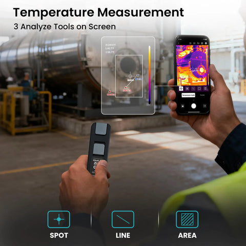 Person using Wireless Thermal Imaging Camera For Android And iOS Smartphones With 512x384 Super Resolution in industrial setting