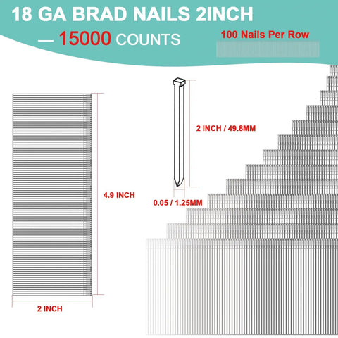 Heavy Duty 15000 Pack 18 Gauge Brad Nails 2 Inch Electro Galvanized Steel showing brad nail dimensions and arrangement.
