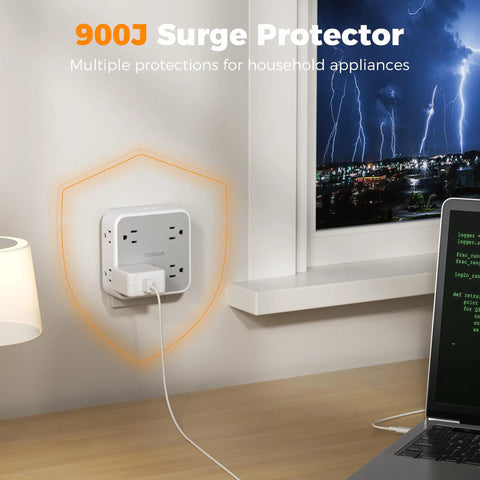 11 In 1 Wall Outlet Extender With 8 Sockets 1 USB C And 2 USB A Ports Surge Protector installed near window during storm