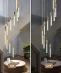 81 Inch High Ceiling Crystal Chandelier With 12 Lights, LED Gold Foyer Pendant, displayed on staircase, lights on and off.