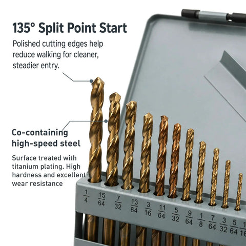 Sick 13-Piece Cobalt Left Hand Drill Bit Set For Stainless Steel And Hardened Metal! Heavy Duty Reverse Twist Bits With Split Point Tip, Titanium Coated HSS Jobber Length Kit In Storage Case For Tough Jobs. 13-piece left-hand drill bit set, 1/4 to 1/64, in case