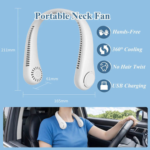 Slick Bladeless Portable Neck Fan For Car Drivers And Ev Owners Killer Hands Free Cooling With 3 Adjustable Speeds Rechargeable 1800 Mah Battery Sweet Airflow For Travel Commuting And Hot Days Keep Chill All Summer Long seen on a person in a car.