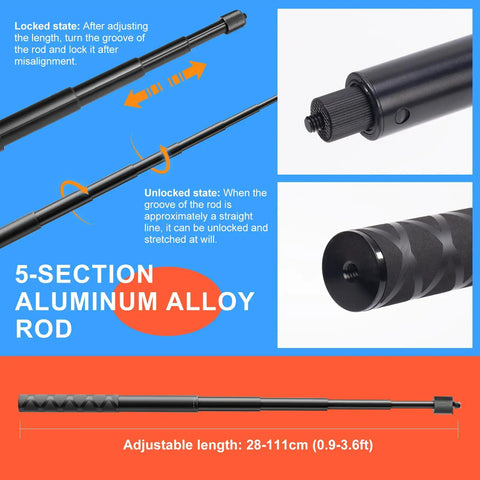 5-section aluminum rod with adjustable lock, part of 70in1 Action Camera Accessories Kit For GoPro And Most Cameras Including Hero Series