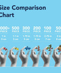 Size comparison chart showing puzzle piece dimensions from 1000+ to 50 pieces, including 300 Piece Hot Air Balloon Festival Puzzle For Adults.