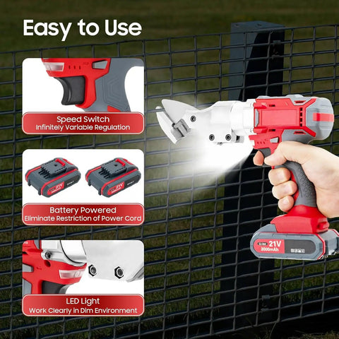 Heavy Duty 21V Cordless Sheet Metal Shear With Brushless Motor And Batteries, showing speed switch and LED light features.