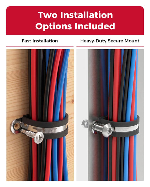 Side-by-side view of cable installations with All In One 220 Piece Rubber Cushioned Cable Clamp Kit with 60 P Clamps in ten sizes.