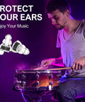 High Fidelity Concert Ear Plugs For Musicians And Fans With 24dB Noise Reduction And Advanced Filter Tech, drummer using ear plugs.