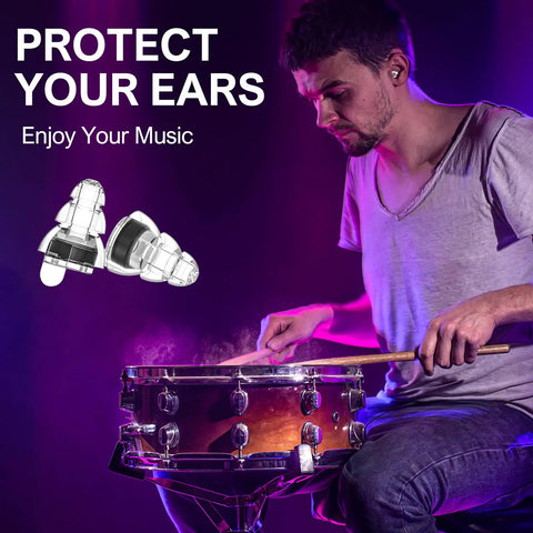 High Fidelity Concert Ear Plugs For Musicians And Fans With 24dB Noise Reduction And Advanced Filter Tech, drummer using ear plugs.