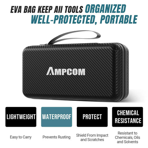 Seven In One Pro Grade Ethernet Crimping Tool Kit case, black EVA, waterproof, with strap. Text highlights protection and portability.