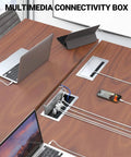 Pop Up Power Strip With PD 30W USB Ports For Table Conference Room And Countertop Use, recessed in wooden desk with devices connected