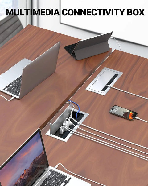 Pop Up Power Strip With PD 30W USB Ports For Table Conference Room And Countertop Use, recessed in wooden desk with devices connected