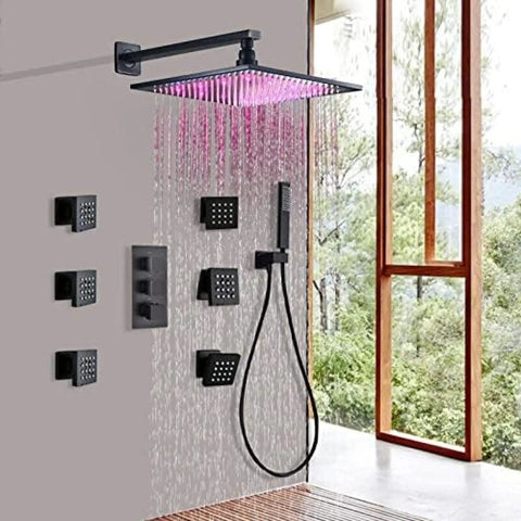 Wall Mounted Led Rain Shower Head System With Thermostatic Mixer Valve And Six Massage Body Sprays Plus Handheld Combo installed in luxurious bathroom.