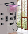 Kick Back And Soak With This Slick Wall Mounted Led Rain Shower Head And Thermostatic Mixer Valve Plus Six Massage Body Sprays And Handheld Combo Set in modern bathroom.