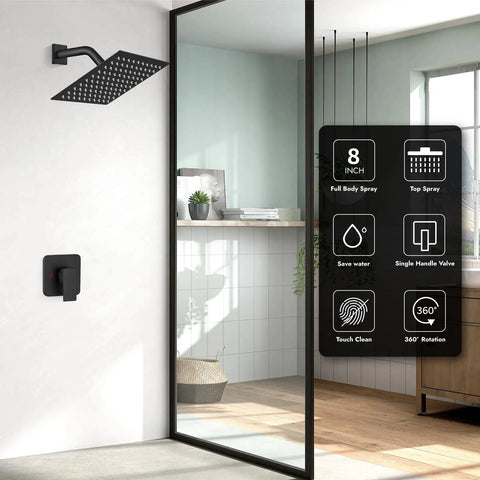 Shower Faucet Set With Rainfall Head And No Fuss Handle Valve Modern Wall Mount 8 Inch Matte Black Shower System display board