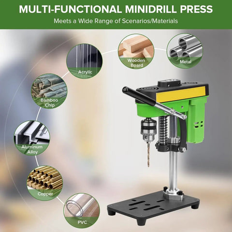 Compact Mini Bench Drill Press For Home Use High Precision And Low Noise Operation showing drill head and base for DIY projects.