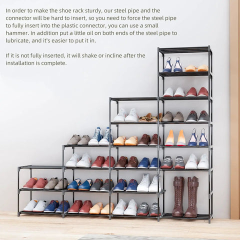 Beefy 8 Tier Large Shoe Rack Holds 64 Pairs With Heavy Duty Shelving And Adjustable Heights For Boots And Shoes Space Saving Organizer For Entryway Hallway Or Garage Easy Assembly showing shoes organized in tiers.