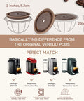 Infographic showing reusable silicone coffee capsule lids for Original Nespresso VertuoLine Pods with dimensions and compatibility.