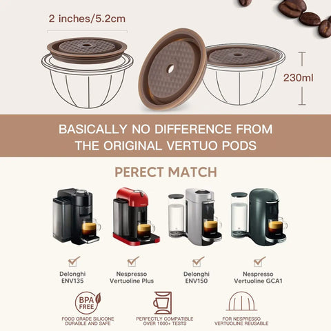 Infographic showing reusable silicone coffee capsule lids for Original Nespresso VertuoLine Pods with dimensions and compatibility.