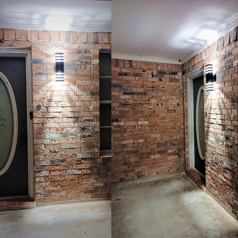 LED Up And Down Outdoor Wall Lights Two Pack Sconce illuminating brick porch with 3000K light, IP65 waterproof, square fixture.