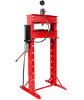 Heavy Duty 30 Ton Air Hydraulic Shop Press With Gauge And Sturdy H Frame Rig For Tough Garage Mods And Pro Mechanic Grinds Featuring Smooth Adjustable Height From Zero Point Two To Thirty Six Inches In Fiery Red showcasing hydraulic components and sturdy metal frame.