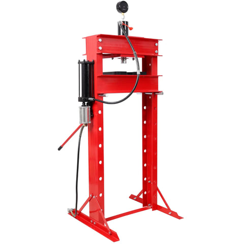 Heavy Duty 30 Ton Air Hydraulic Shop Press With Gauge And Sturdy H Frame Rig For Tough Garage Mods And Pro Mechanic Grinds Featuring Smooth Adjustable Height From Zero Point Two To Thirty Six Inches In Fiery Red showcasing hydraulic components and sturdy metal frame.
